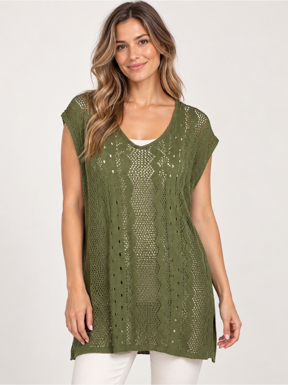 Dokotoo NWT Olive Green Crochet Open Knit Tunic Top Size Large